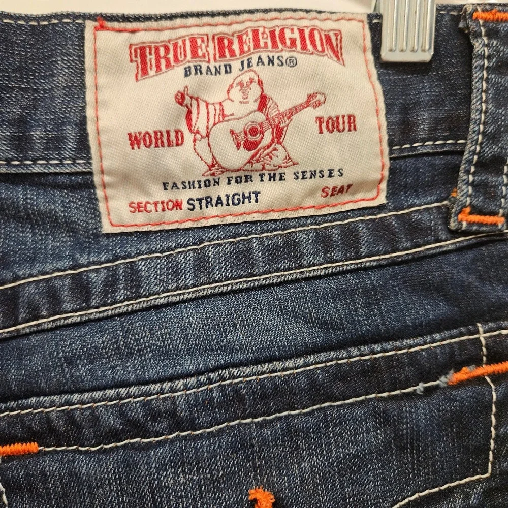 True Religion Jeans Mens 32 Blue Straight Flap Orange Stitch Distressed Ripped